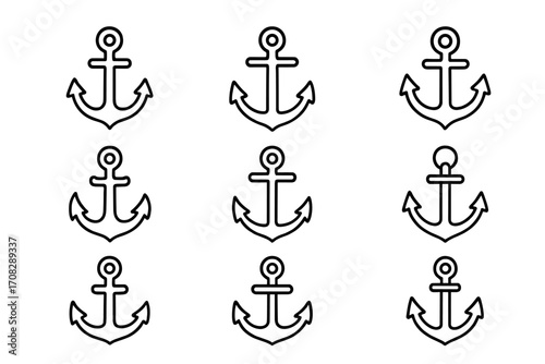 Ship anchor line icon collection with anchor outline signs for graphic design, web design, apps, adverts, nautical cards, marine symbols, vector cartoon illustration transparent background