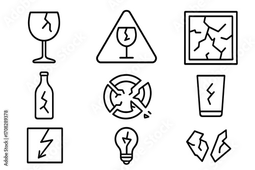 Set of Broken Glass Line Icons, Outline Signs for Graphic Design, Web, Apps, Adverts, Cards, Cracked Window, Bottle, Glass Cup, Light Bulb, Fragile Symbol, Vector Illustration