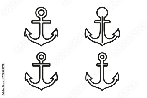 Ship line icon set with anchor outline signs for graphic and web design, app icons, adverts, nautical themed cards, marine symbols, vector cartoon illustration transparent background