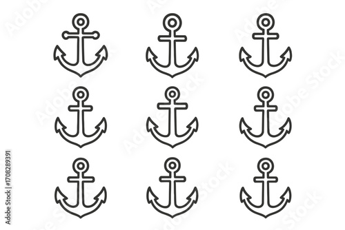 Set of nautical anchor line icons, outline signs for maritime and seafaring graphic design, web apps, advertisements, cards, vector cartoon illustrations with transparent background, arranged orderly
