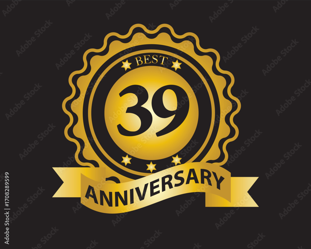 Fototapeta premium 39th Anniversary Golden Badge. Best Anniversary Seal with Ribbon. Vector Illustration on Black Background