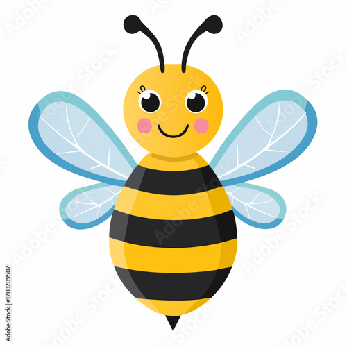 A cute cartoon bee with black and yellow stripes and translucent wings, smiling.