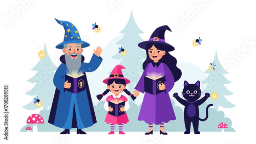 Enchanting Gathering: A whimsical illustration of a wizard, witch, and children, gathered together. They have their enchanting books with some fireflies, in front of forest.