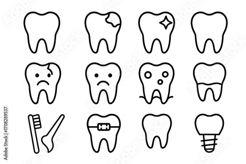 Set of teeth icons line art, dental health symbols with cavities, clean teeth, toothbrush, braces, and implant, vector outline signs for dental care, oral hygiene, and orthodontics
