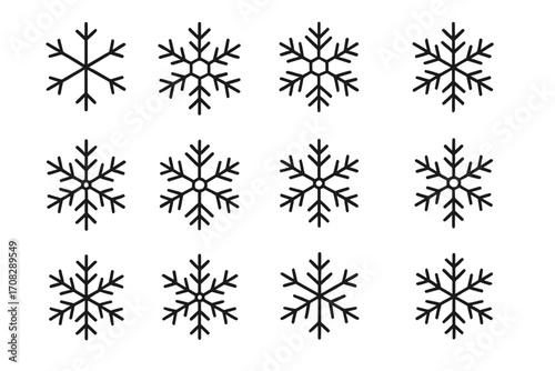 Collection of Thin Snowflake Icons with Editable Stroke, Perfect for Web Design, Apps, Cards, Books, and Winter-Themed Projects, Transparent Background Vector Illustration Set
