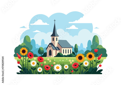 Flat style illustration of a countryside church surrounded by colorful flowers and rolling hills, symbolizing faith, peace, spirituality, and a serene place for worship in nature