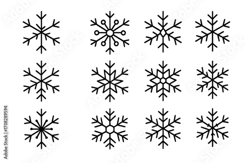 Snowflakes collection thin icons set with editable stroke for web, books, cards, apps, vector cartoon winter design, transparent background, ordered 4 styles