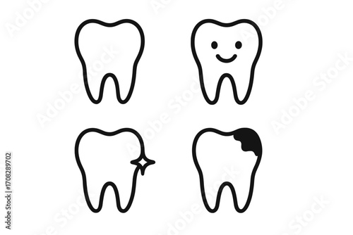 Modern outline style teeth icons set for design, dental health, apps, social media, dentistry, oral care, smile vector cartoon illustration with transparent background, ordered collection