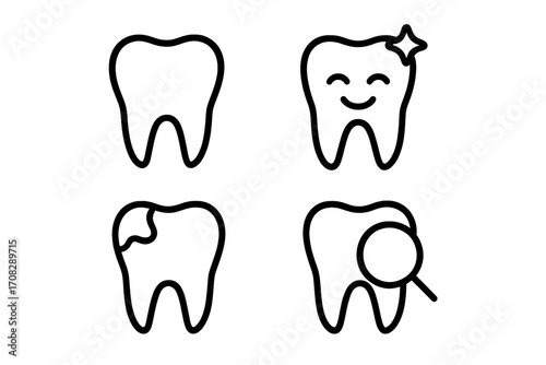 Modern teeth icons set in outline style, dental health symbols for design, apps, cards, social media, vector cartoon illustration of clean, cavity, and dental checkup concepts