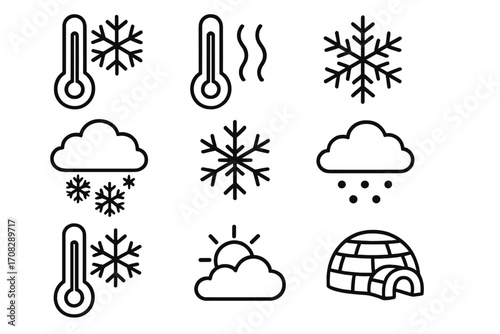 Thermometer and snowflake line icon pack, cold weather symbols, temperature outline signs, winter icons for graphic design, web, apps, adverts, cards, vector cartoon set