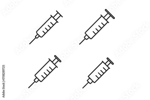 Simple syringe icons set, isolated line vector symbols with editable stroke for medical web design, health apps, books, cards, injection and vaccination concepts, transparent background
