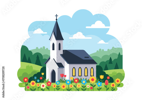 Flat style illustration of a countryside church surrounded by colorful flowers and rolling hills, symbolizing faith, peace, spirituality, and a serene place for worship in nature