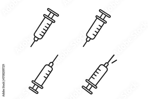 Simple syringe line icons collection. Medical injection needles set. Editable stroke vector illustration for healthcare, vaccination, medicine, web, apps, books, cards design.
