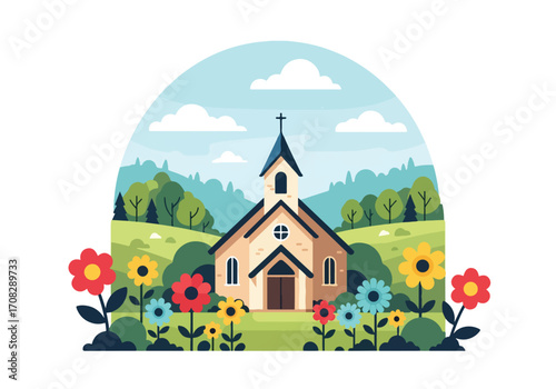 Flat style illustration of a countryside church surrounded by colorful flowers and rolling hills, symbolizing faith, peace, spirituality, and a serene place for worship in nature