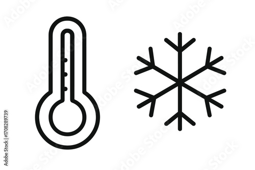 Modern thermometer and snowflake outline icons, cold weather symbols, temperature and winter design elements, vector cartoon illustration set for apps, social media, cards