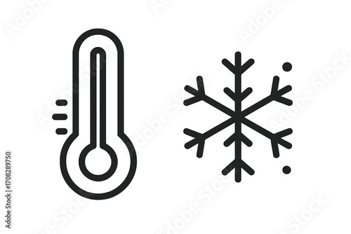 Modern thermometer and snowflake icons, outline style vector set for design, cards, apps, social networks, cold weather symbols, transparent background, cartoon illustration