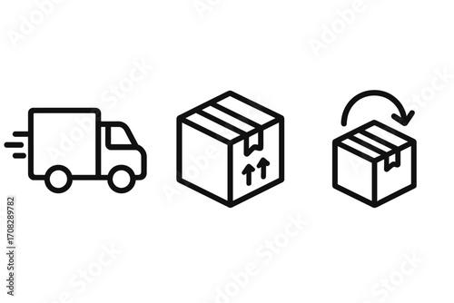 Delivery truck and cardboard boxes shipping icons. Modern outline style vector illustration for design, apps, social networks, logistics, fast delivery, package tracking