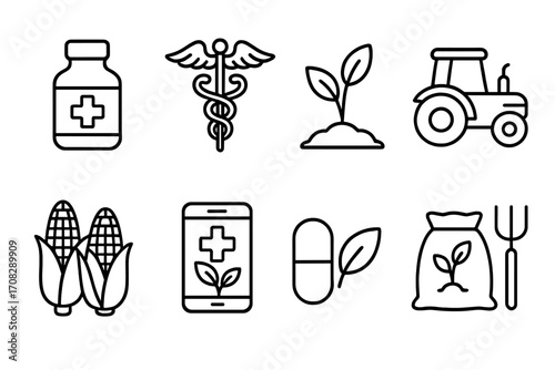 Medicine and agriculture line icons set with medical bottle, caduceus symbol, plant sprout, tractor, corn, medical app, herbal capsule, fertilizer bag and pitchfork illustrations