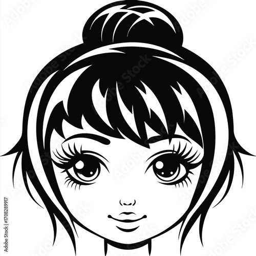 Black and white stylized face features large anime eyes and hair in a bun