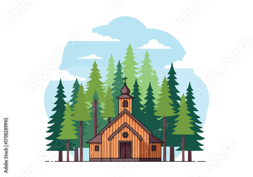 Flat style illustration of a wooden church surrounded by pine trees, symbolizing faith, spirituality, peace, and a rustic countryside place for worship, prayer, and community gatherings