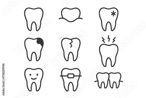 Teeth icon collection with dental health and care symbols, tooth outline signs, cavity, cracked tooth, braces, pain, smile, gum protection, dental treatment, medical vector set