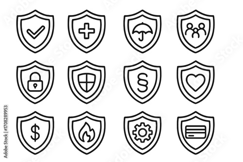 Set of defense and insurance line icons with shields and various protection symbols, security and safety outline signs for graphic design, apps, advertisements, and finance cards vector