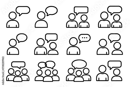 People and Speech Bubble Line Icon Bundle, Communication Signs for Graphic and Web Design, Apps, Advertising, Social Interaction, Chat and Conversation Vector Illustration
