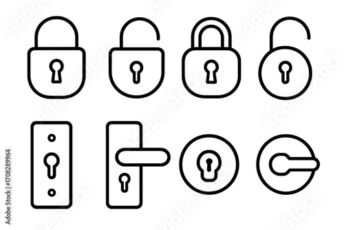 Lock and Padlock Line Icon Collection, Door Security Outline Signs for Graphic Design, Web Apps, Advertisements, Various Cards, Vector Cartoon Style Transparent Background
