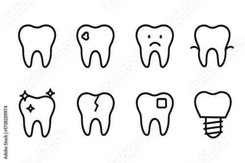 Teeth line icon pack with outline signs for dental health, cavities, tooth decay, clean teeth, tooth repair, dental implants, oral care, web design, apps, adverts, vector cartoon illustration set