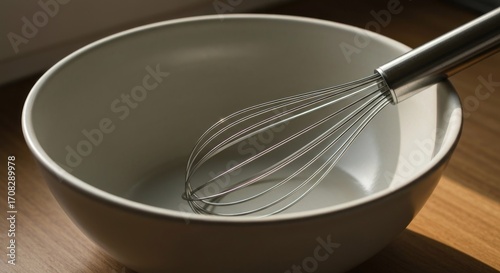 A light gray bowl sits on a light wooden surface, a metal whisk resting inside