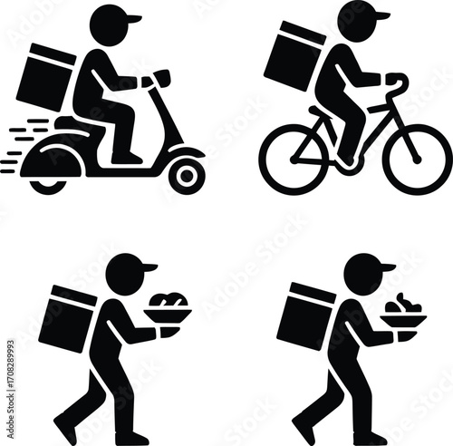 Food Delivery Worker Icons – Scooter, Bicycle, Tray & Mobile Courier Vectors