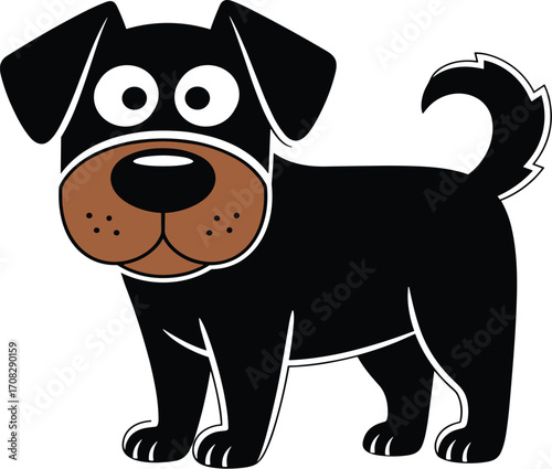 Cartoon black dog with brown snout and big eyes, cute pet animal vector illustration for children’s books and playful designs