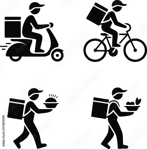 Delivery Worker Icon Set – 4 Black & White Vectors of Scooter, Bicycle, Walking & Mobile App Couriers