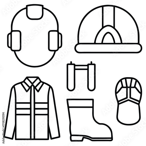 Set of construction safety equipment and personal protective gear icons