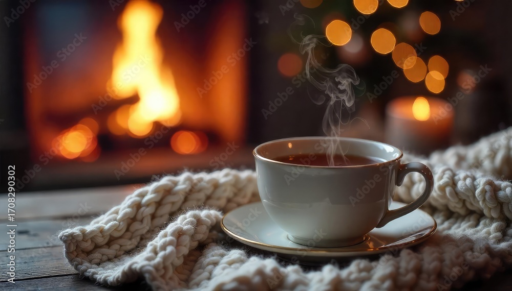 Obraz premium A steaming cup of tea on a cozy knit blanket, next to a crackling fireplace, evokes feelings of warmth and tranquility Perfect for winter comfort and relaxation themes , beverage, chill, stillness