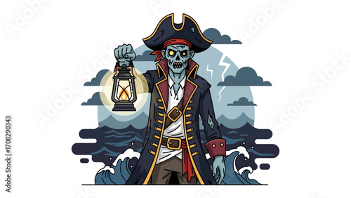 Haunted Pirate of the Stormy Seas: An animated undead pirate, a spectral harbinger of the high seas, grasps a lantern, braving a tempestuous storm with eerie resolve. 