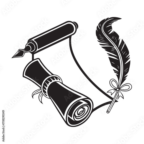 Vintage quill pen and ink bottle with a rolledup scroll, symbolizing writing, education, and history, isolated on white background