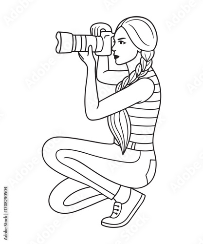 Woman Photographer with Camera Taking Pictures Line Art.