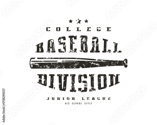 Distressed college baseball logo: bat centered, "Baseball Division" text above/below, "College" and "Junior League" smaller, stars atop, vintage, monochrome, textured.