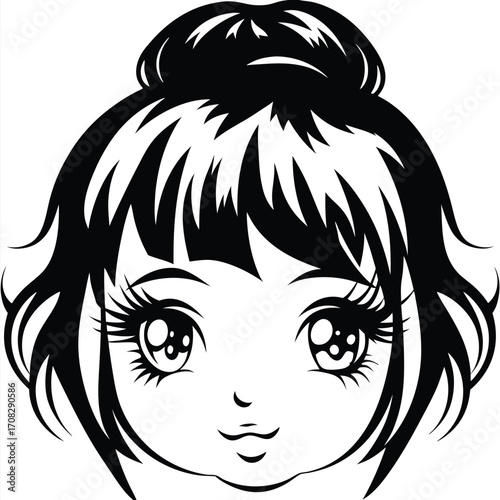 Animated girl's face shows anime style with big eyes and hair bun