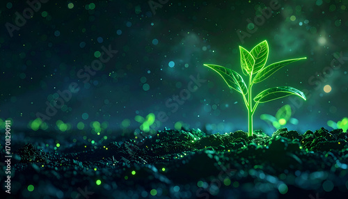 Glowing Green Plant Sprout Emerging from Dark Soil