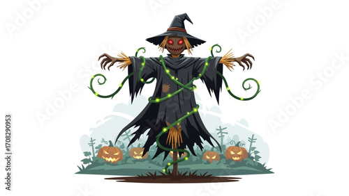 Scary Scarecrow on Halloween Night: An illustration of a chilling scarecrow stands amid eerie pumpkin and glowy string light. The scarecrow.