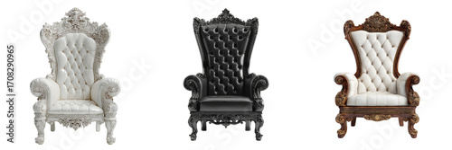 Luxurious throne chairs three distinct styles white ornate chair, black elegant chair, and brown vintage chair. Each piece showcases intricate detailing and plush upholstery, perfect for adding