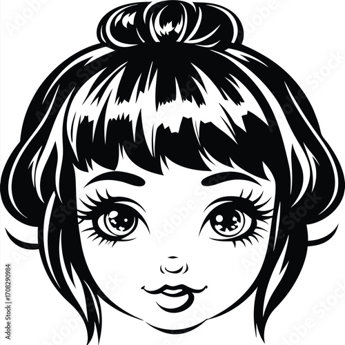 Black and white portrait showcases a smiling girl with expressive eyes and a hair bun