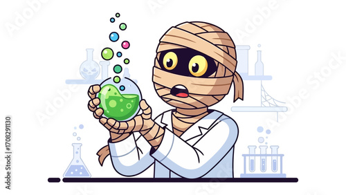 Mummy Scientist and Experiment: A cartoon mummy scientist, with eyes widened in surprise, is shown holding a flask of bubbling, luminescent green liquid in a laboratory.