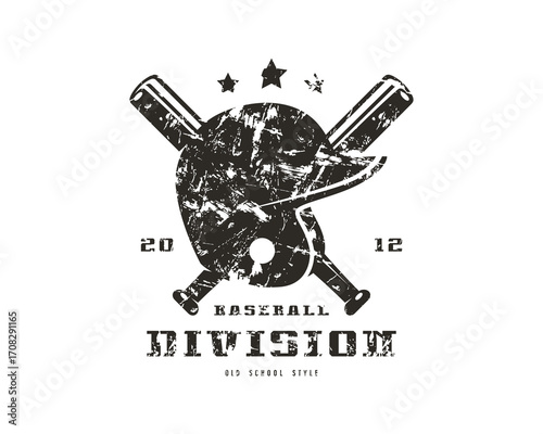 Distressed baseball helmet logo with crossed bats, three stars, "2012", "BASEBALL DIVISION", old-school style, black on white, vintage, slightly overhead view.