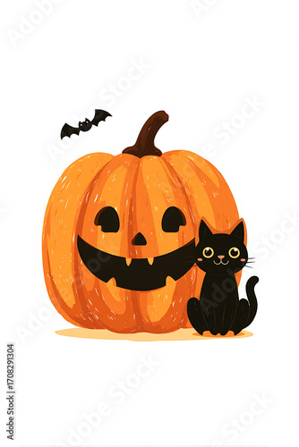 Wallpaper Mural A playful black cat sits beside a carved pumpkin with a smiling face, set against a white background Torontodigital.ca