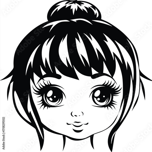 Black and white cartoon face with big eyes and a hair bun