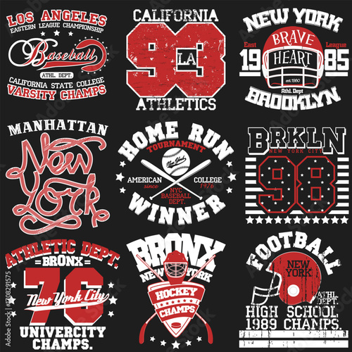 Nine vintage-style sports logos, predominantly red and white on black, showcase baseball, football, and hockey themes with distressed textures and collegiate lettering.