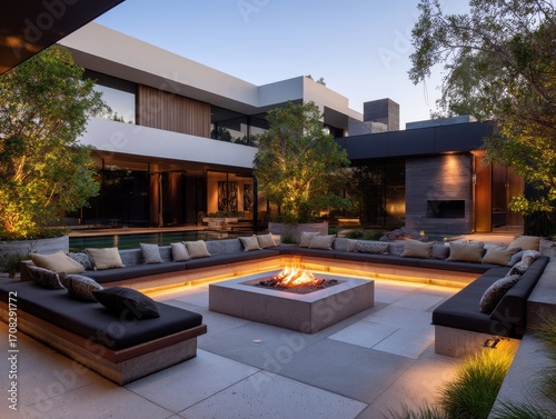 Modern outdoor living space with fire pit and seating area.